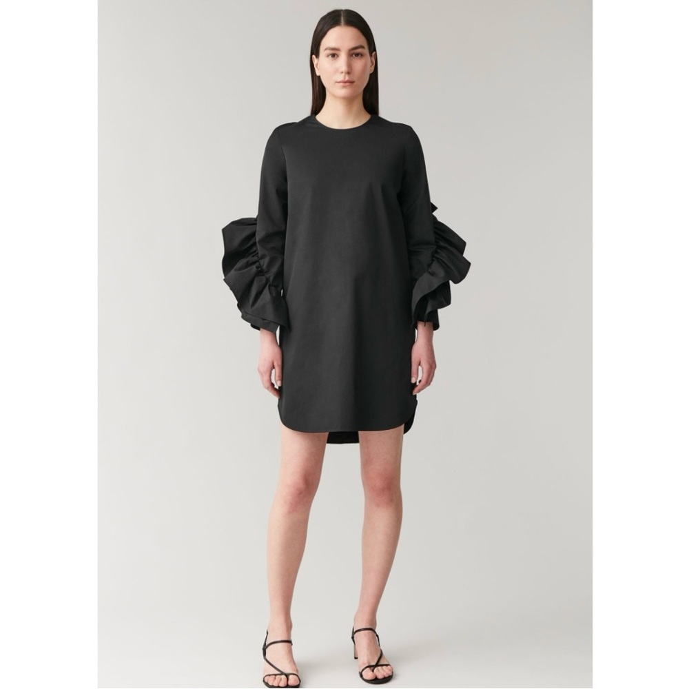 COS Contemporary Mini Black Dress with Ruffled Sleeves, Size 2